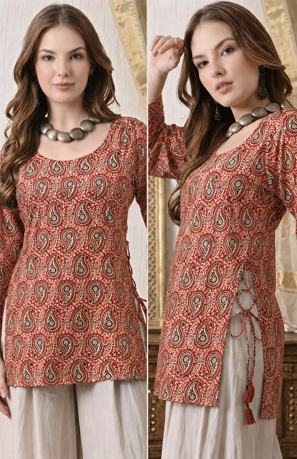 Rust Paisley Bell-Sleeve Kurti