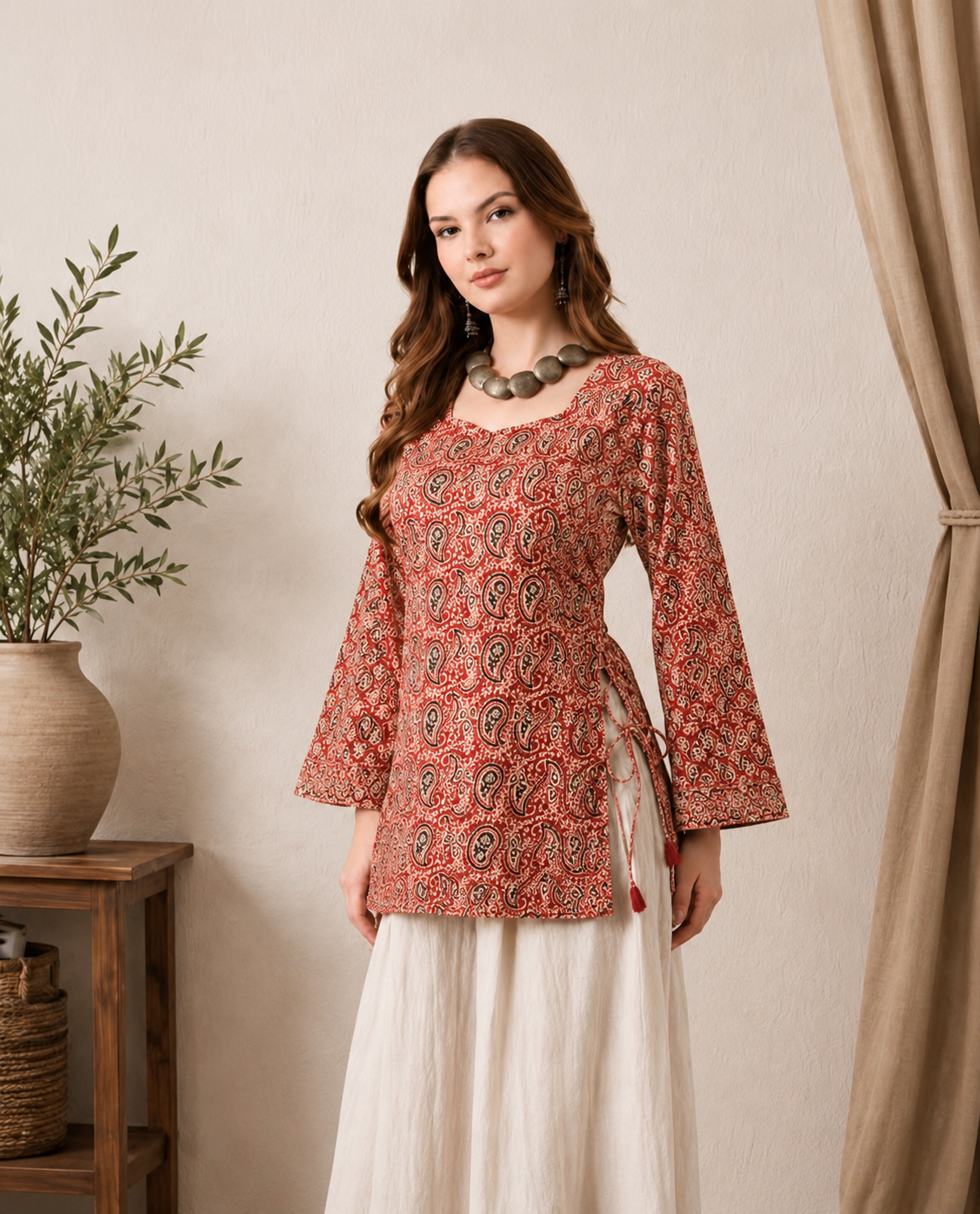 Rust Paisley Bell-Sleeve Kurti