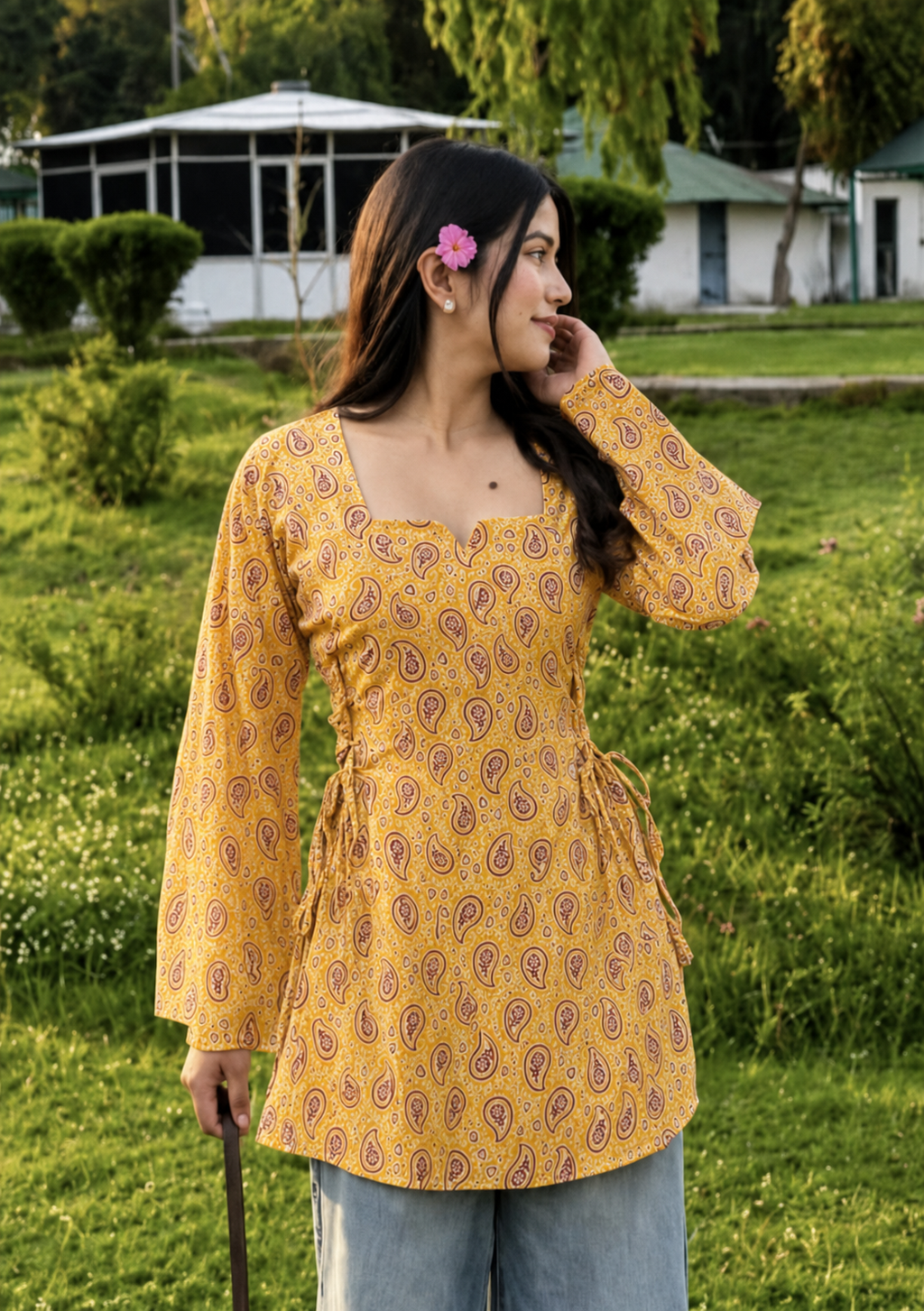 Mustard Paisley Tie-Side Summer Kurti
