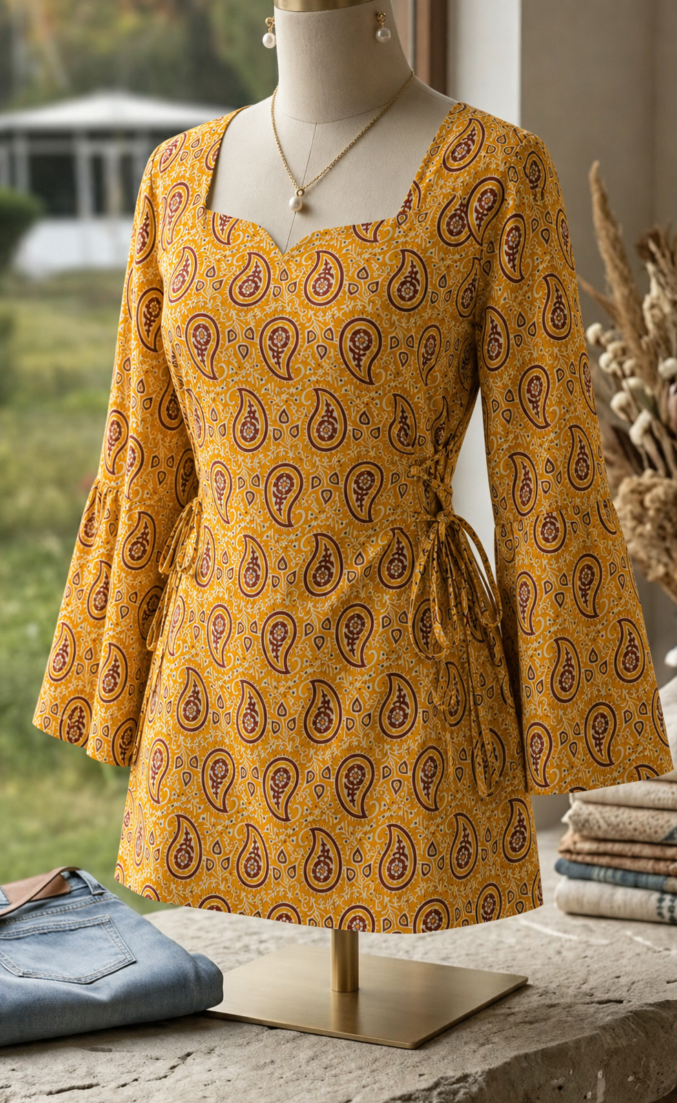 Mustard Paisley Tie-Side Summer Kurti