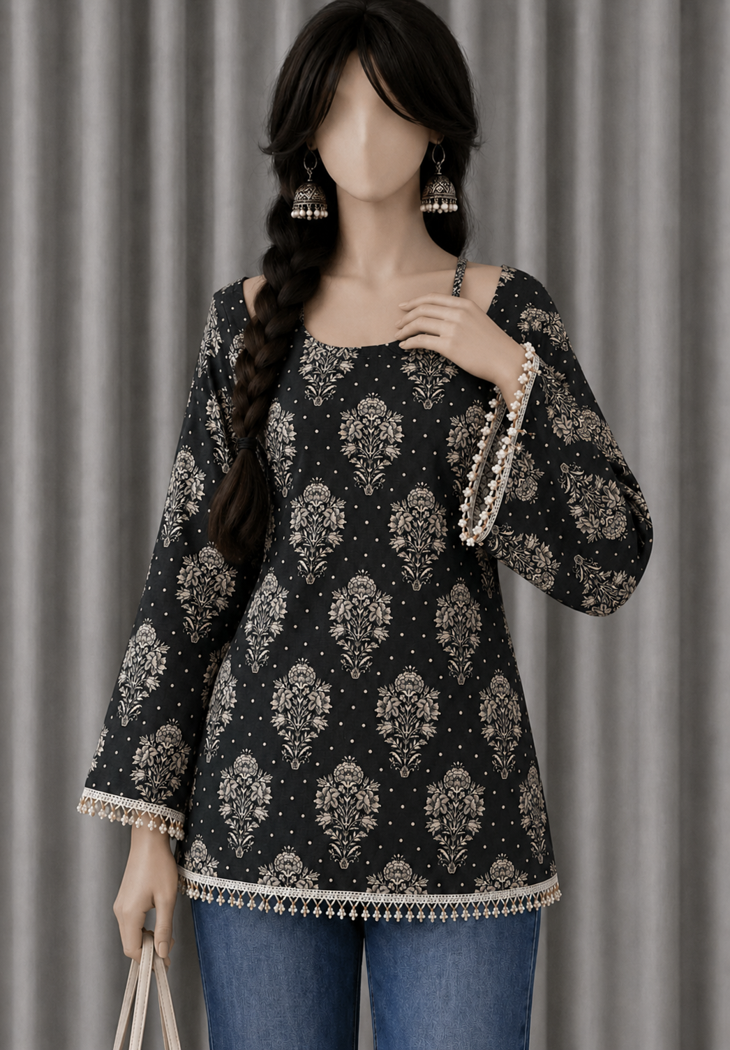 Black Floral Lace Winter Kurti
