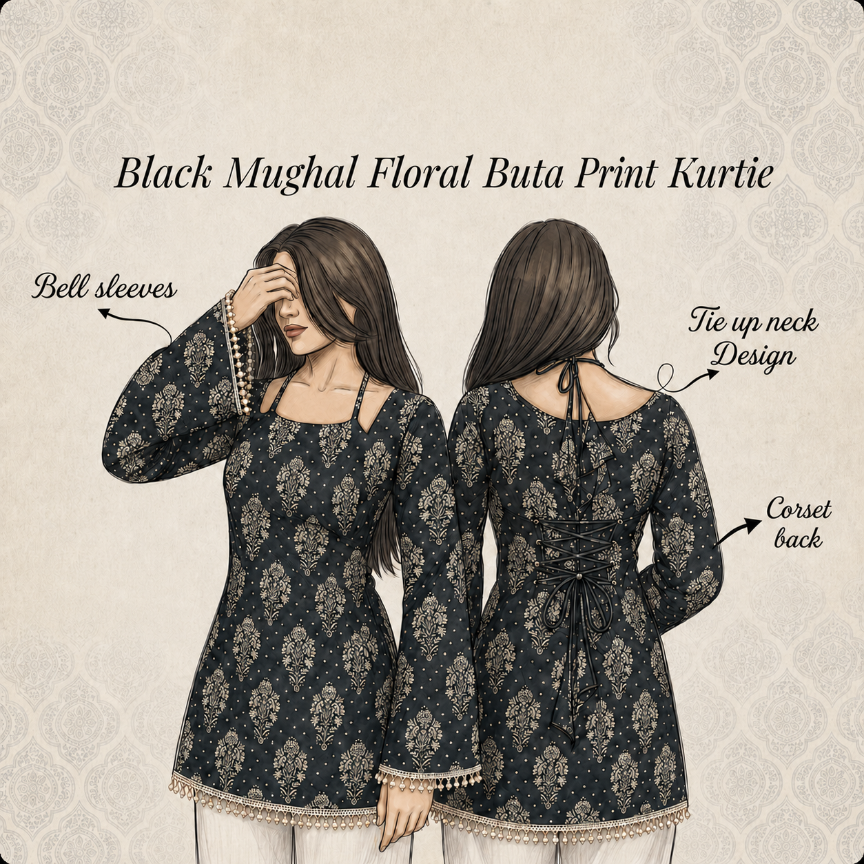 Black Floral Lace Winter Kurti