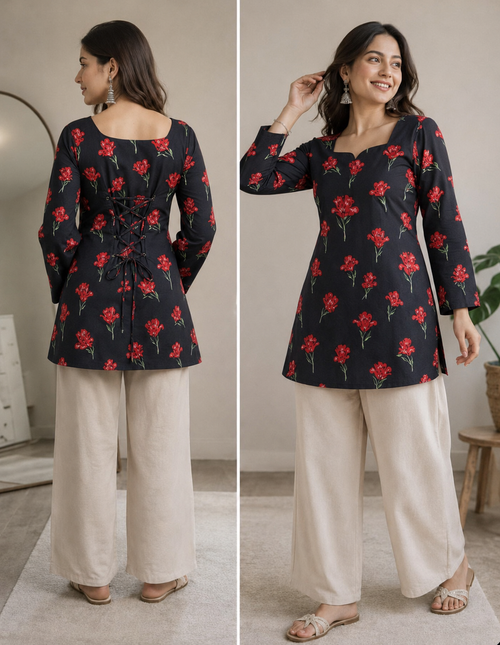 Midnight Rose Printed Khaddar Winter Kurti